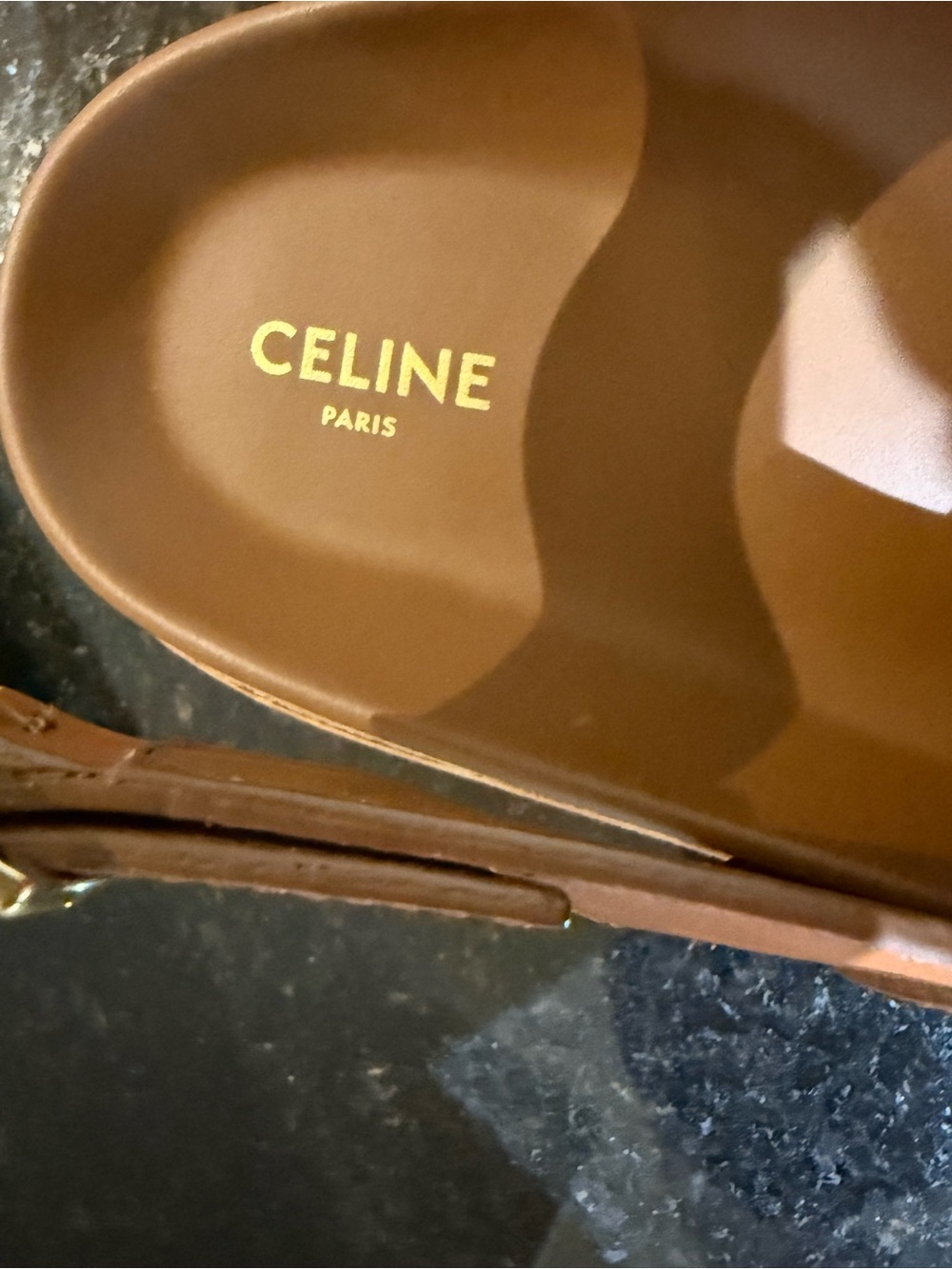 Celine Triomphe  Leather Brown Double-Strap Slingback Sandal with Gold Accent - Picture 9 of 16